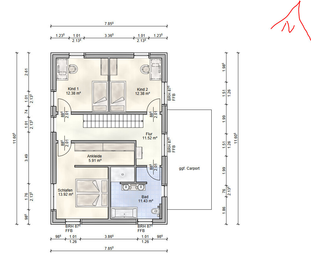 Grundriss eines Hauses: zwei Kinderzimmer, Schlafzimmer, Ankleide, Bad, Flur.
