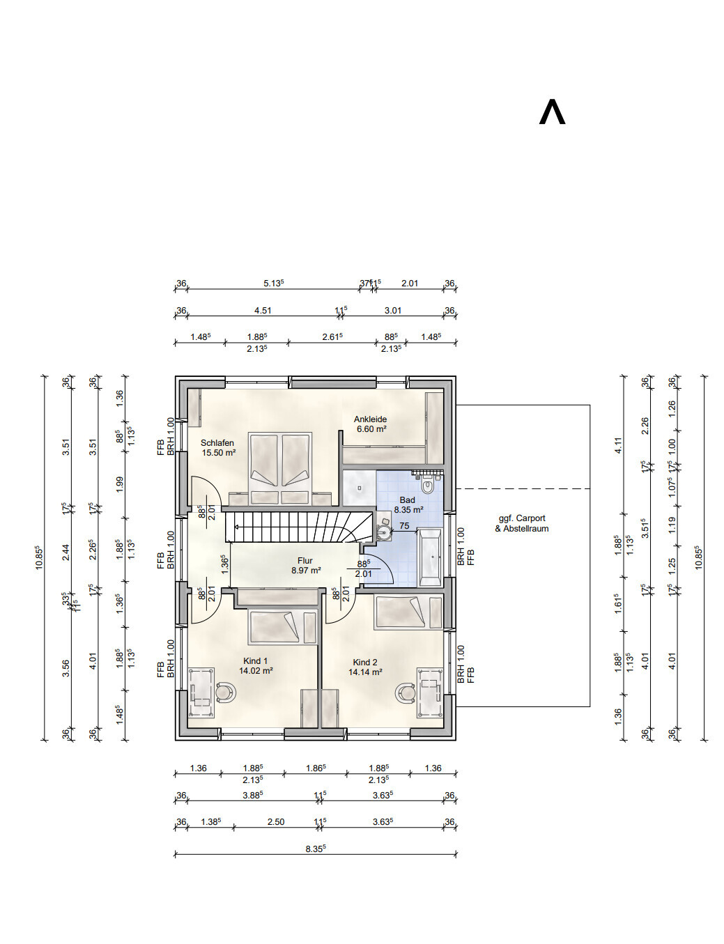 Grundriss eines Dachgeschosses: Schlafzimmer, Ankleide, Bad, Flur, zwei Kinderzimmer, Carport.