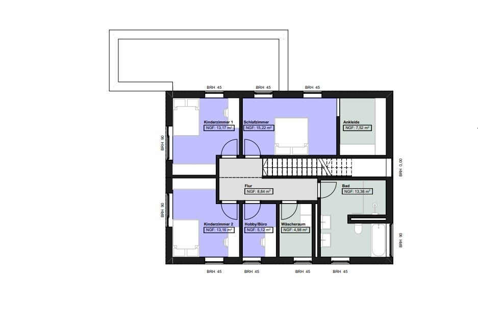Grundriss eines Stockwerks mit Flur, Schlafzimmer und Kinderzimmer, Ankleide, Bad.