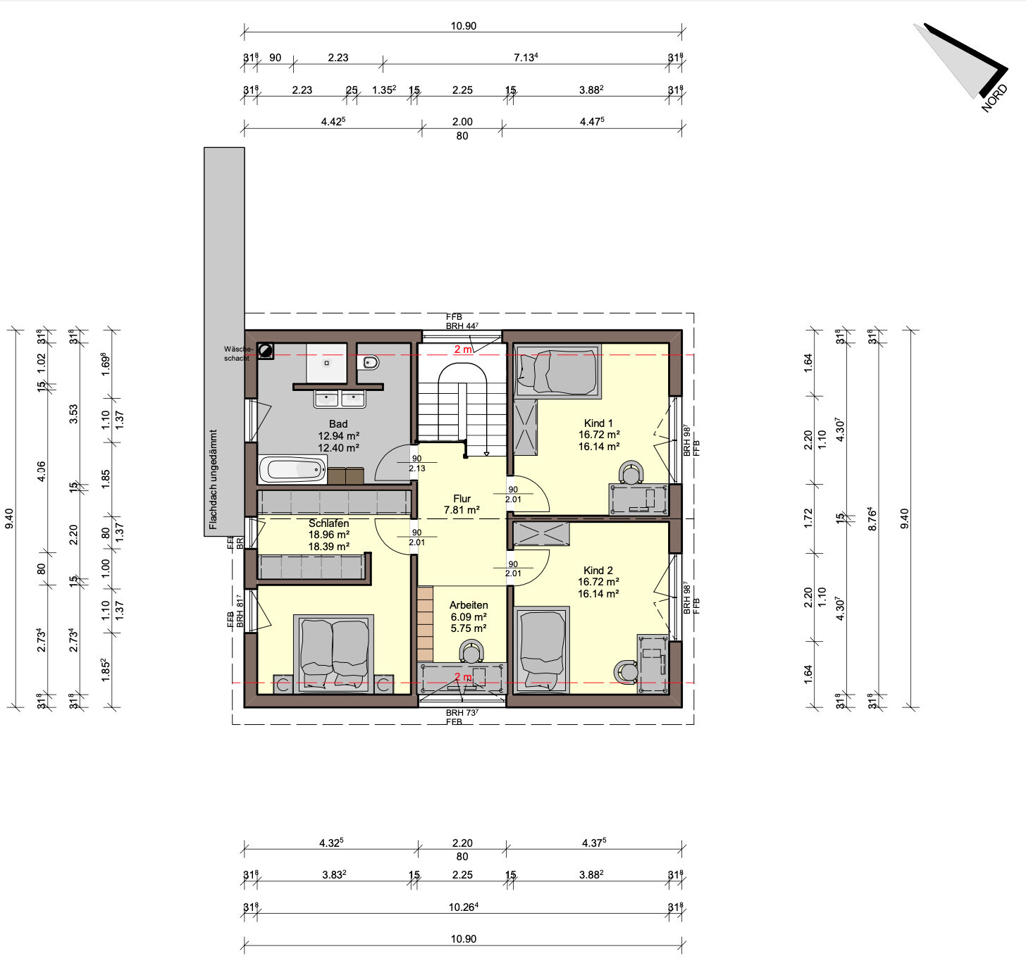Grundriss eines Hauses mit Obergeschoss, Flur, Bad, Schlafzimmer, Arbeitszimmer und 2 Kinderzimmer.