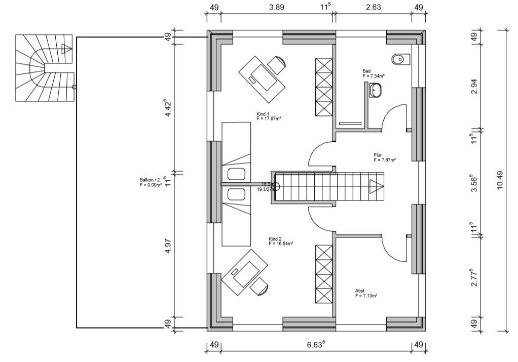 Grundriss eines Dachgeschosses mit zwei Kinderzimmern, Bad, Flur, Abstellraum, Treppe, Balkon.