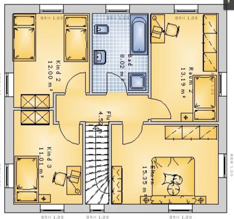 2D-Grundriss eines oberen Stockwerks mit Schlafzimmern, Bad, Flur und Treppe