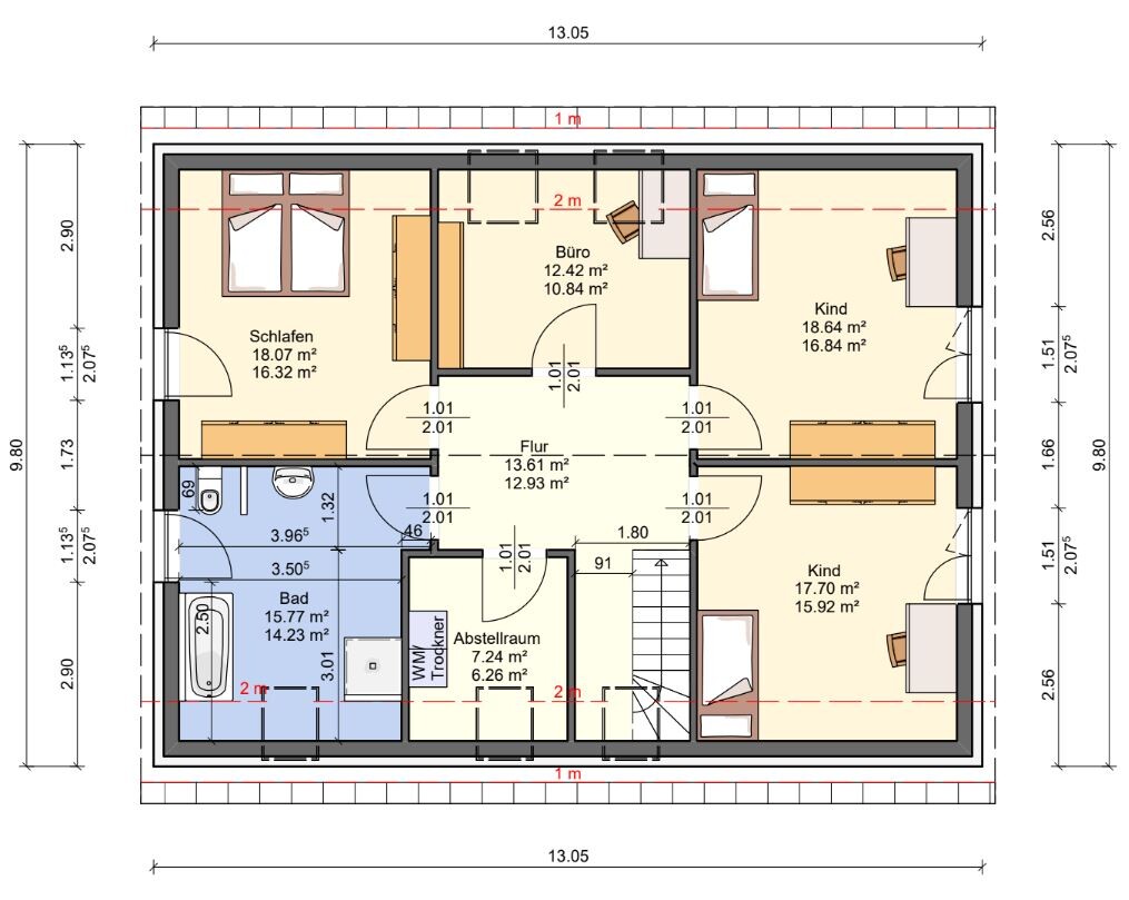 2D-Grundriss eines Hauses, Obergeschoss mit Schlafzimmer, Kinderzimmer, Büro, Bad, Flur