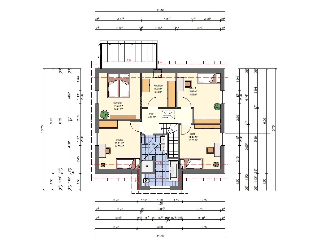 Grundriss einer Etage: Schlafzimmer, Ankleide, Bad, Flur, Kinderzimmer, Treppenhaus.