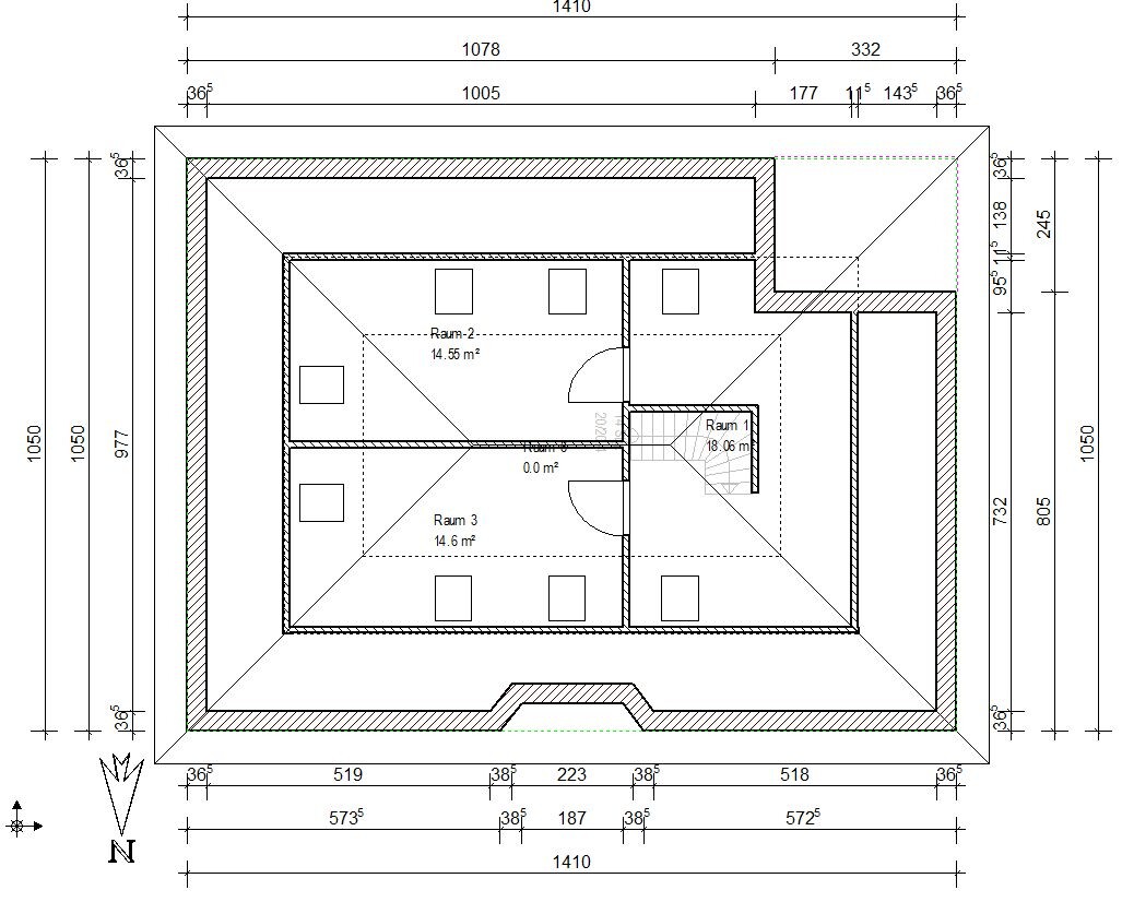 Grundriss eines Gebäudes: Innenraum-Aufteilung mit Treppenhaus und drei Räumen (Raum 1 bis 3)