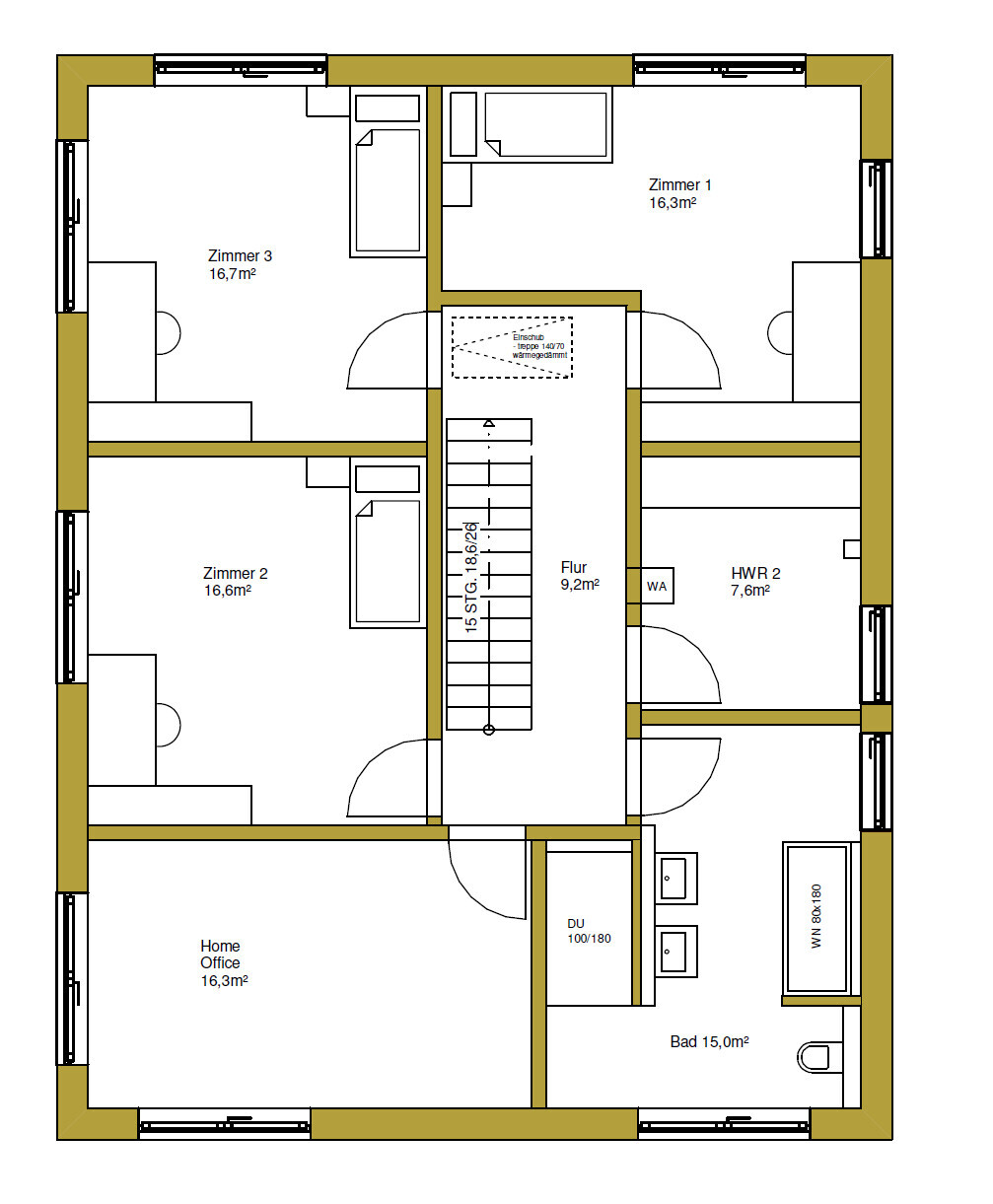 Detaillierter Grundriss eines Hauses im Obergeschoss mit Zimmern, Flur und Bad