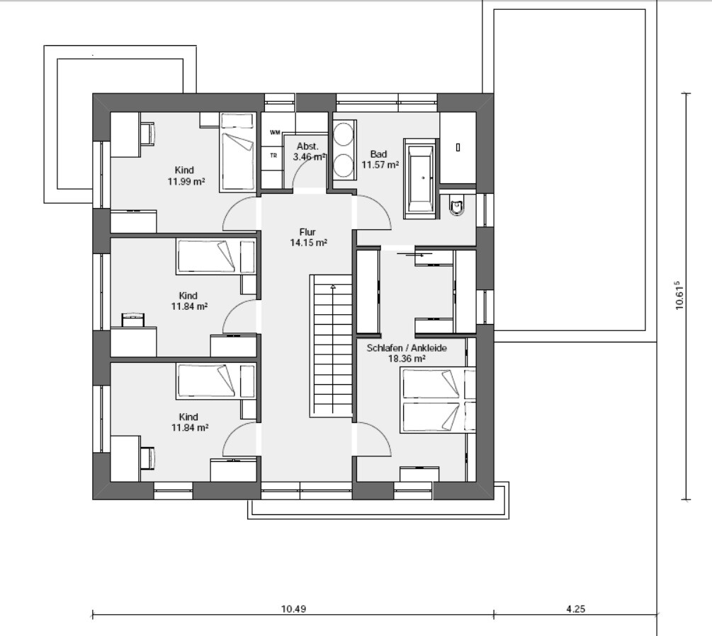 Grundriss Obergeschoss: Flur, Bad, Abstellraum, Schlafen/Ankleide, drei Kinderzimmer.