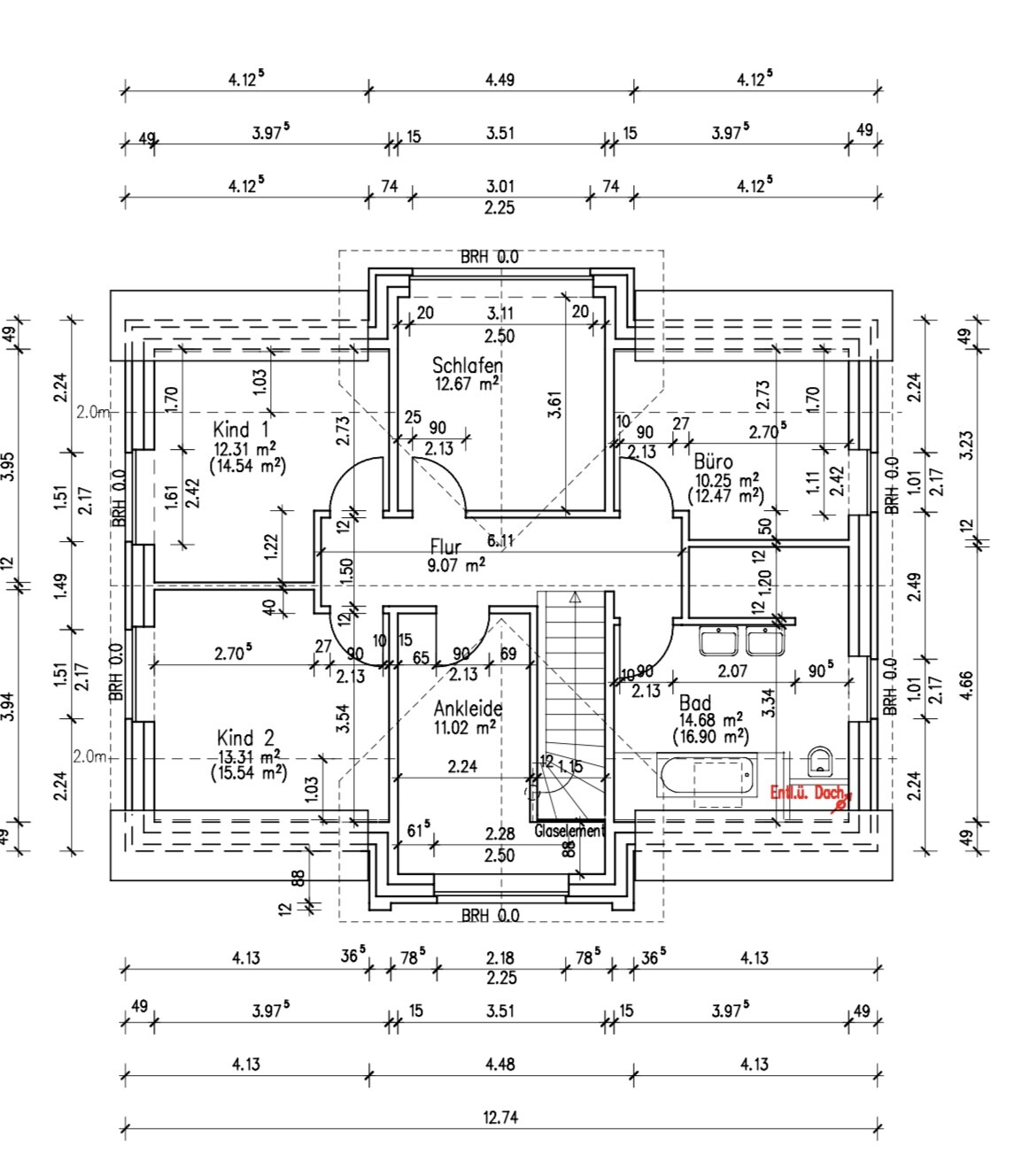 Grundrissplan eines Hauses mit Schlafen, Kind 1, Kind 2, Ankleide, Flur, Bad und Büro