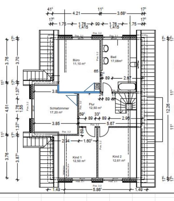 Grundriss eines Wohnhauses mit Büro, Bad, Flur, Schlafzimmer und zwei Kinderzimmer.