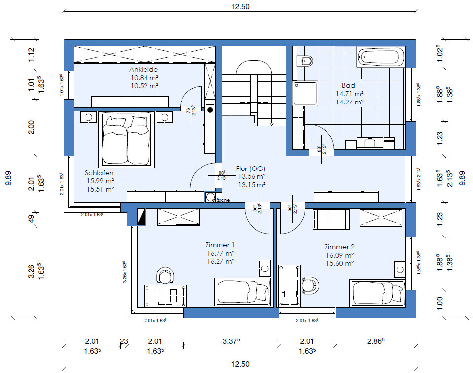 OG-Grundriss: Schlafzimmer, Ankleide, Bad, Flur, Zimmer 1, Zimmer 2