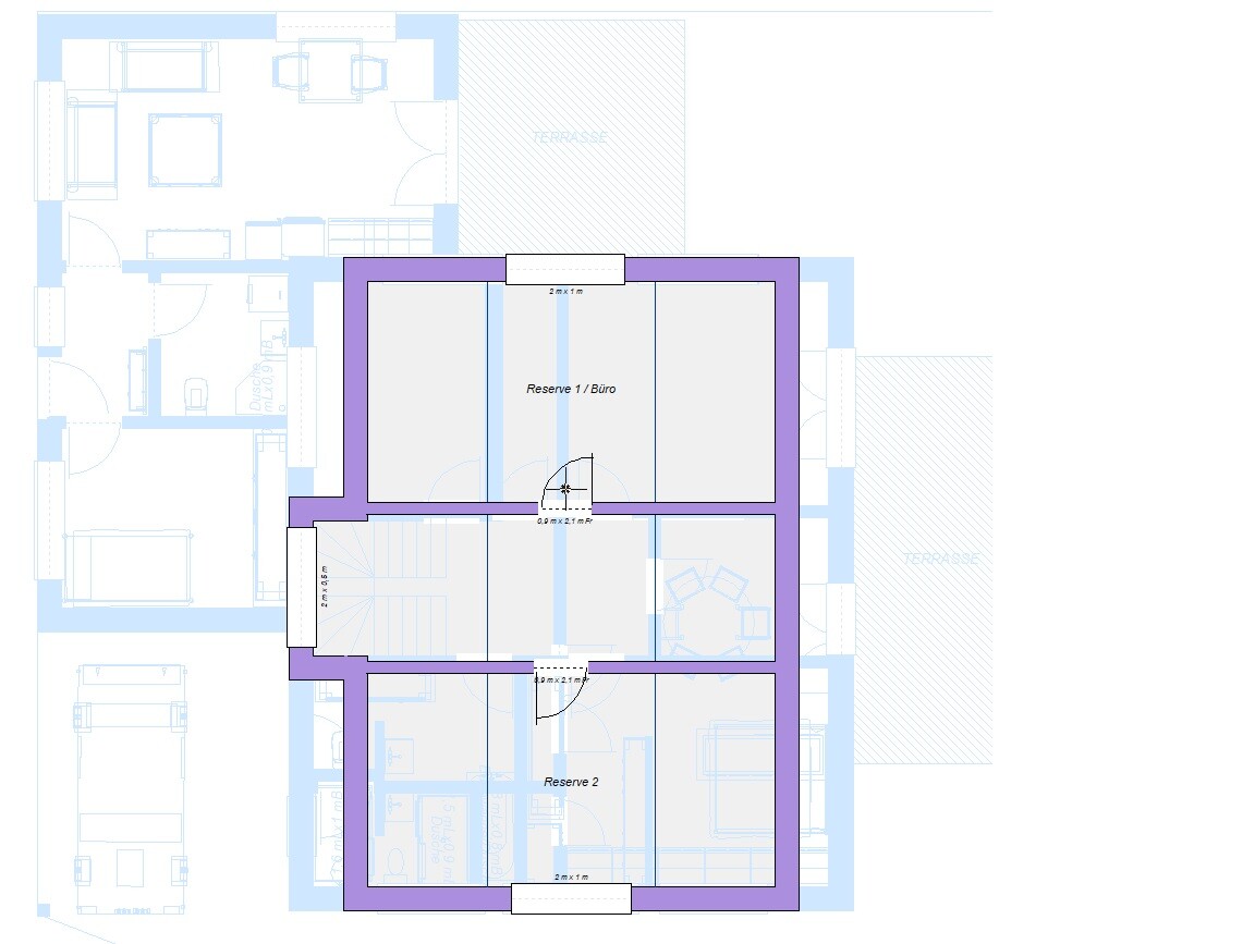 2D-Grundriss eines Hauses mit Reserve 1 Büro und Reserve 2 Räumen, Innenräume