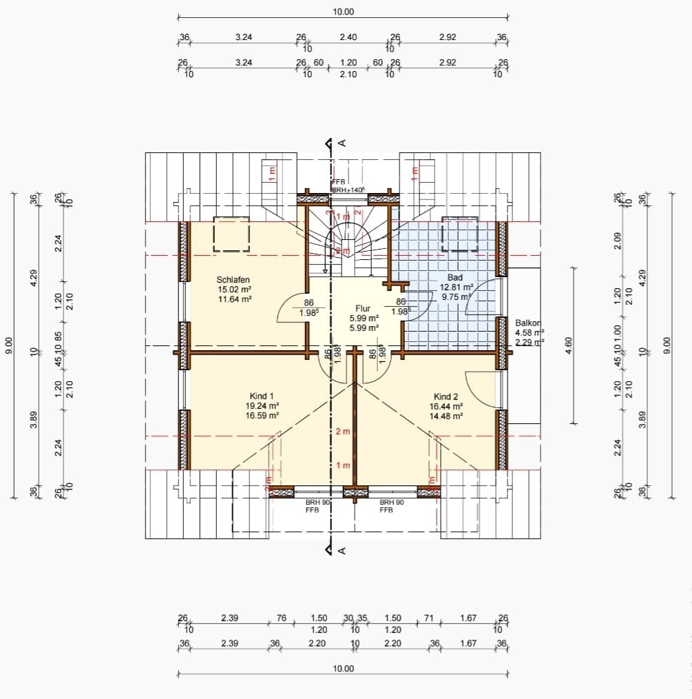Grundriss eines Dachgeschosses: Schlafzimmer, Bad, Flur, zwei Kinderzimmer, Balkon.