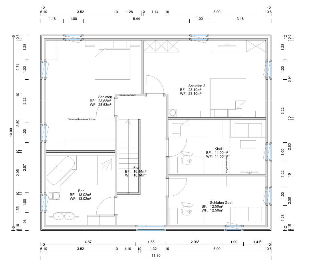 Grundriss eines Hauses mit vier Schlafzimmern, Bad, Flur und Gästezimmer.