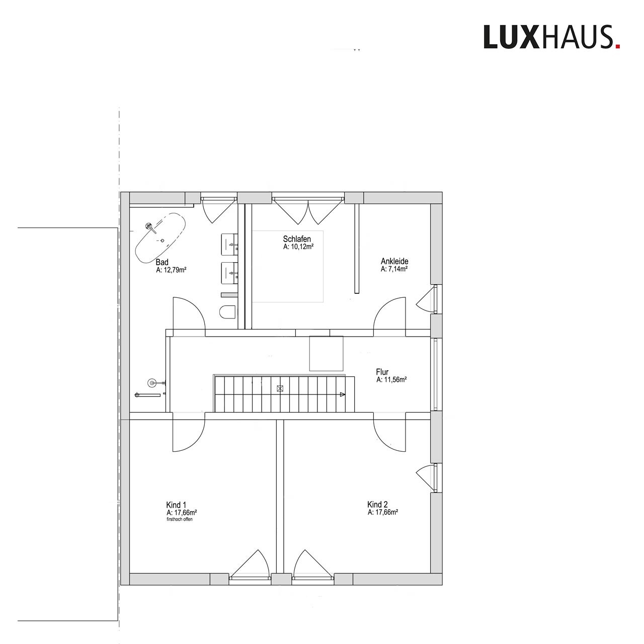 Grundriss eines Obergeschosses mit Schlafzimmer, Ankleide, Bad, Flur und zwei Kinderzimmern.