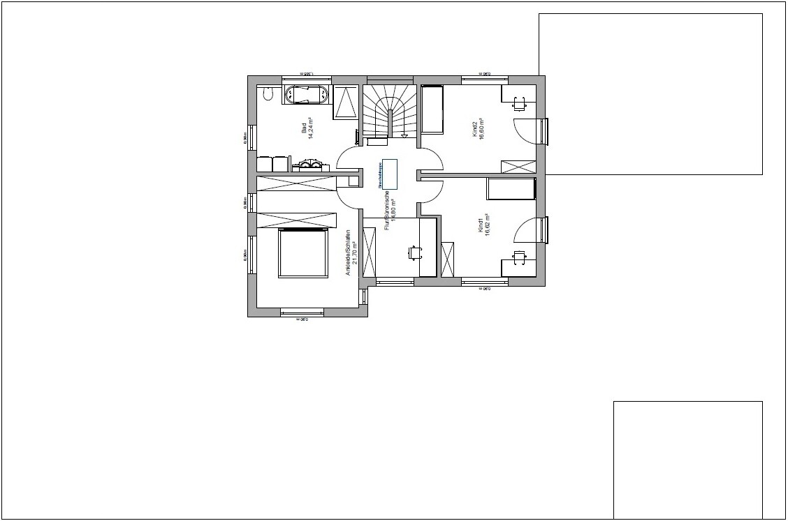 Grundriss eines Obergeschosses: Flur mit Treppe, Bad, zwei Kinderzimmer, Schlafzimmer, Ankleidezimmer.