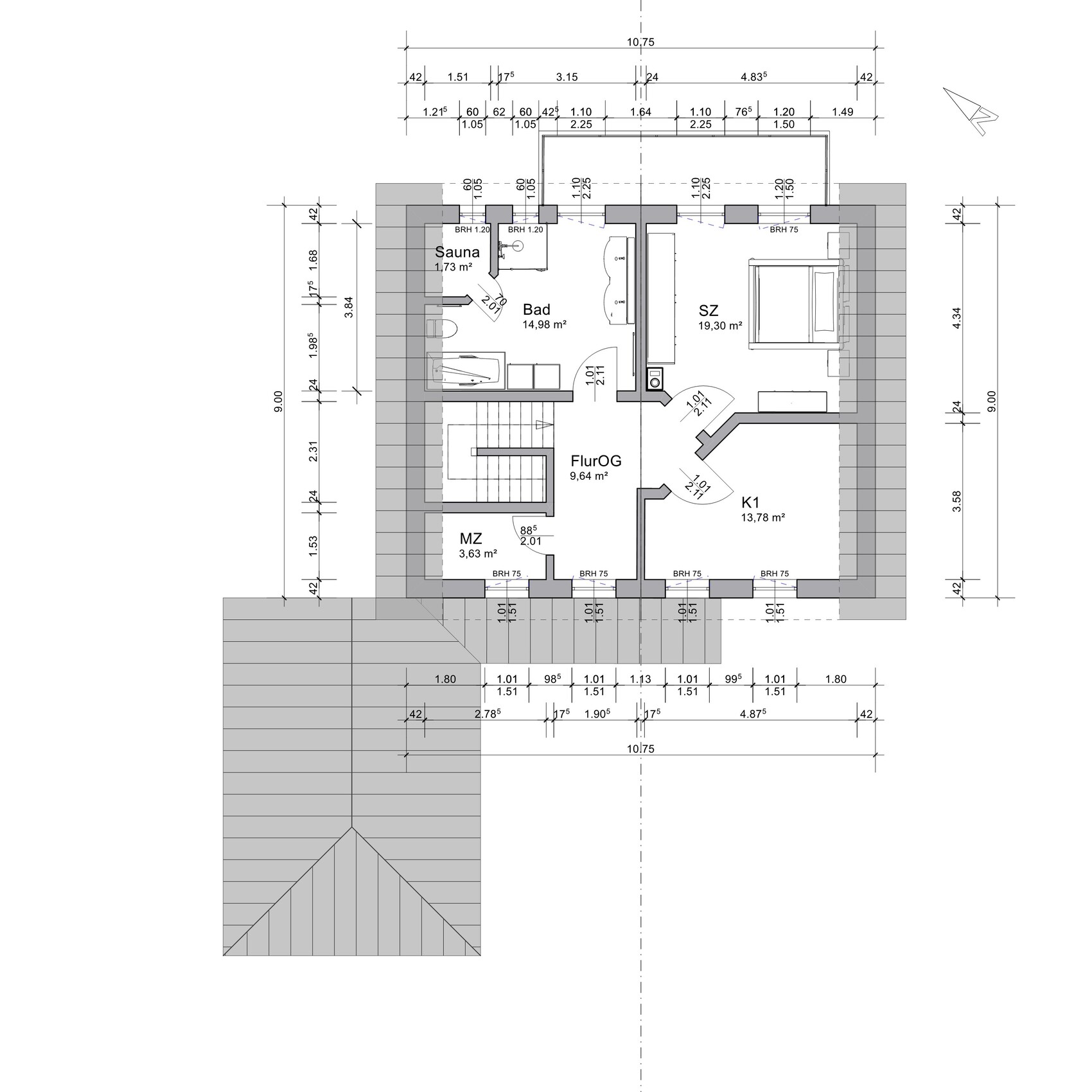 Grundriss des Obergeschosses eines Hauses mit Flur, Bad, Sauna, Schlafzimmer, Küche und Treppe.