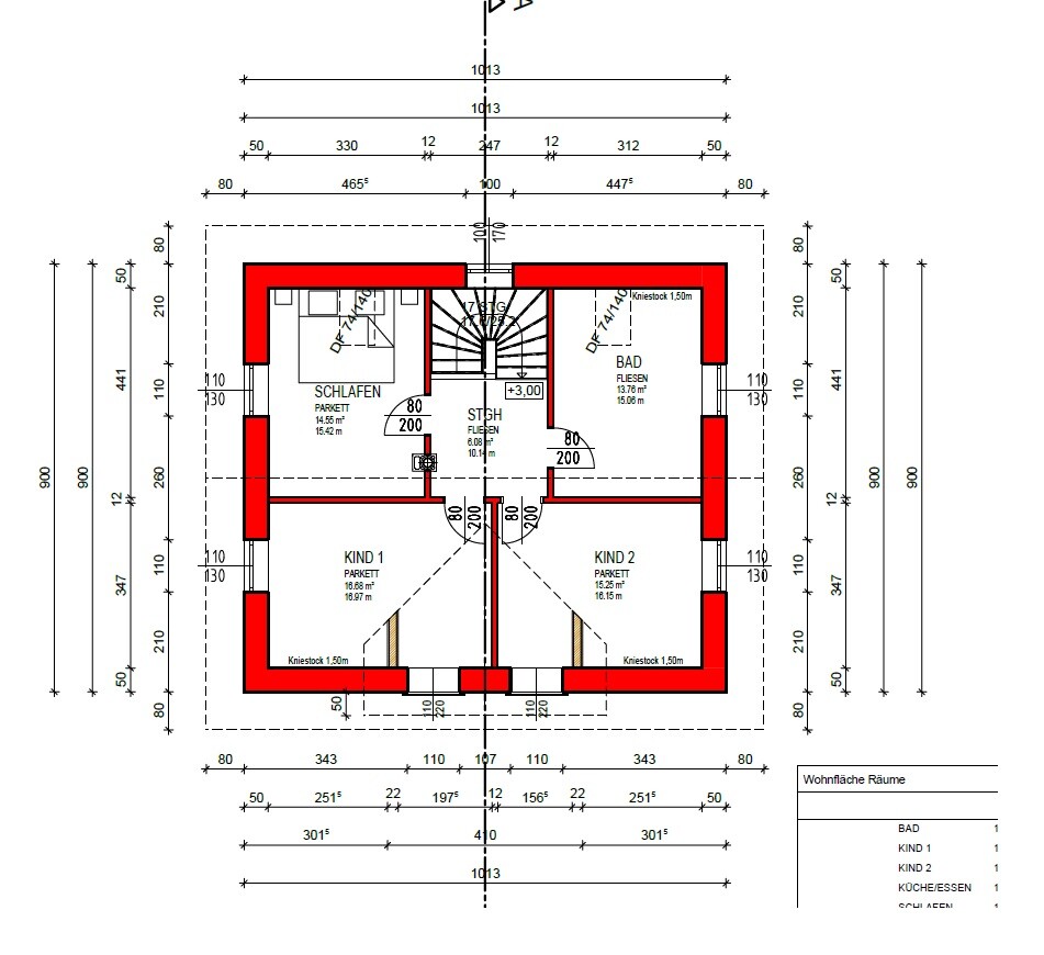 Grundriss eines Obergeschosses: rote Außenwände, Schlafzimmer, zwei Kinderzimmer, Bad, Treppe.
