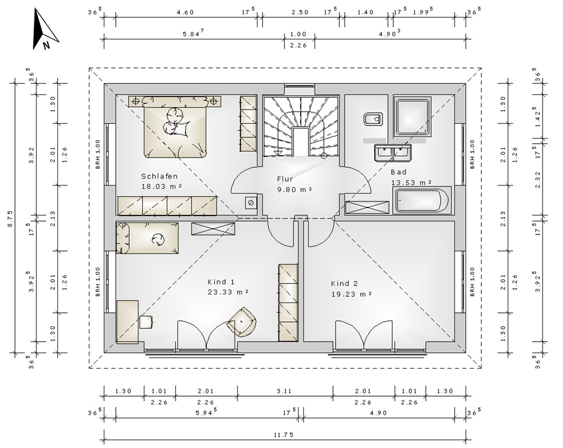 Detaillierter Grundriss eines Hauses mit Schlafzimmer, zwei Kinderzimmern, Flur und Bad