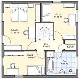Grundriss eines Obergeschosses mit Schlafzimmer, zwei Kinderschlafzimmern, Bad und Flur.