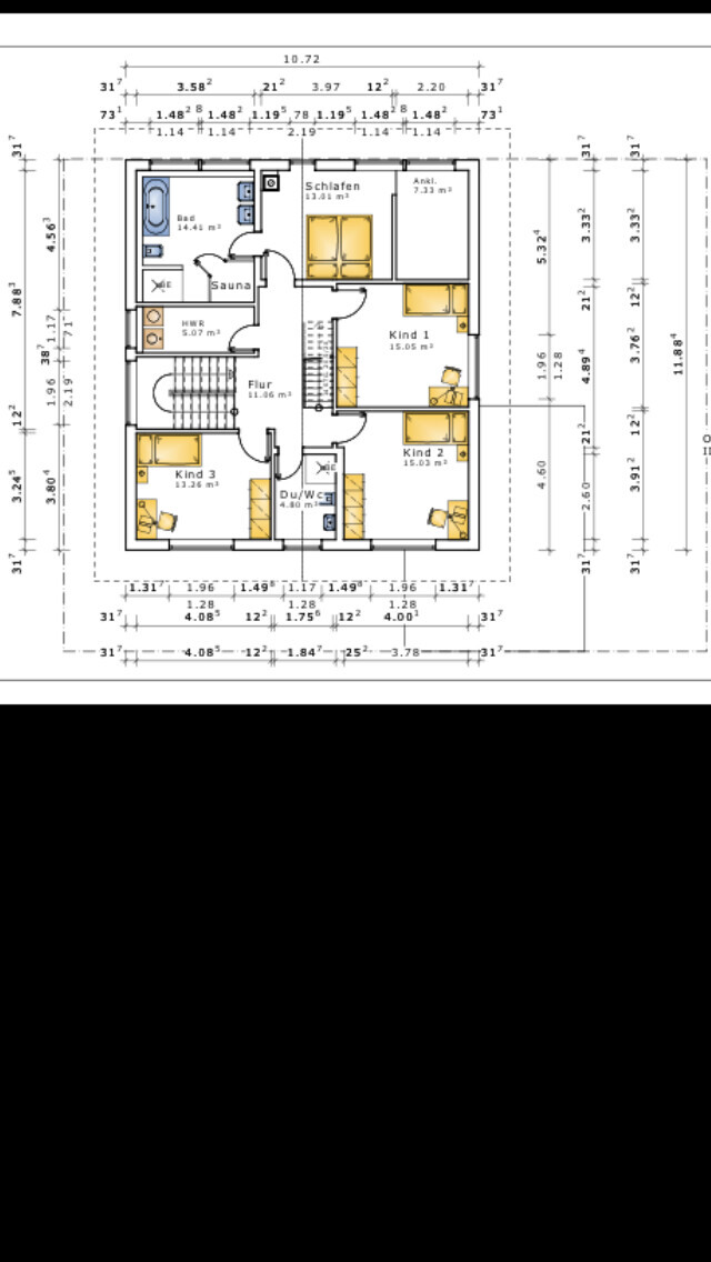 Grundriss eines Hauses mit Schlafzimmer, Kinderzimmern, Bad, Flur und Sauna