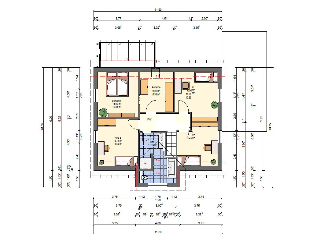Grundriss Dachgeschoss: Schlafzimmer, Ankleide, Bad, Flur, zwei Kinderzimmer, Treppenaufgang