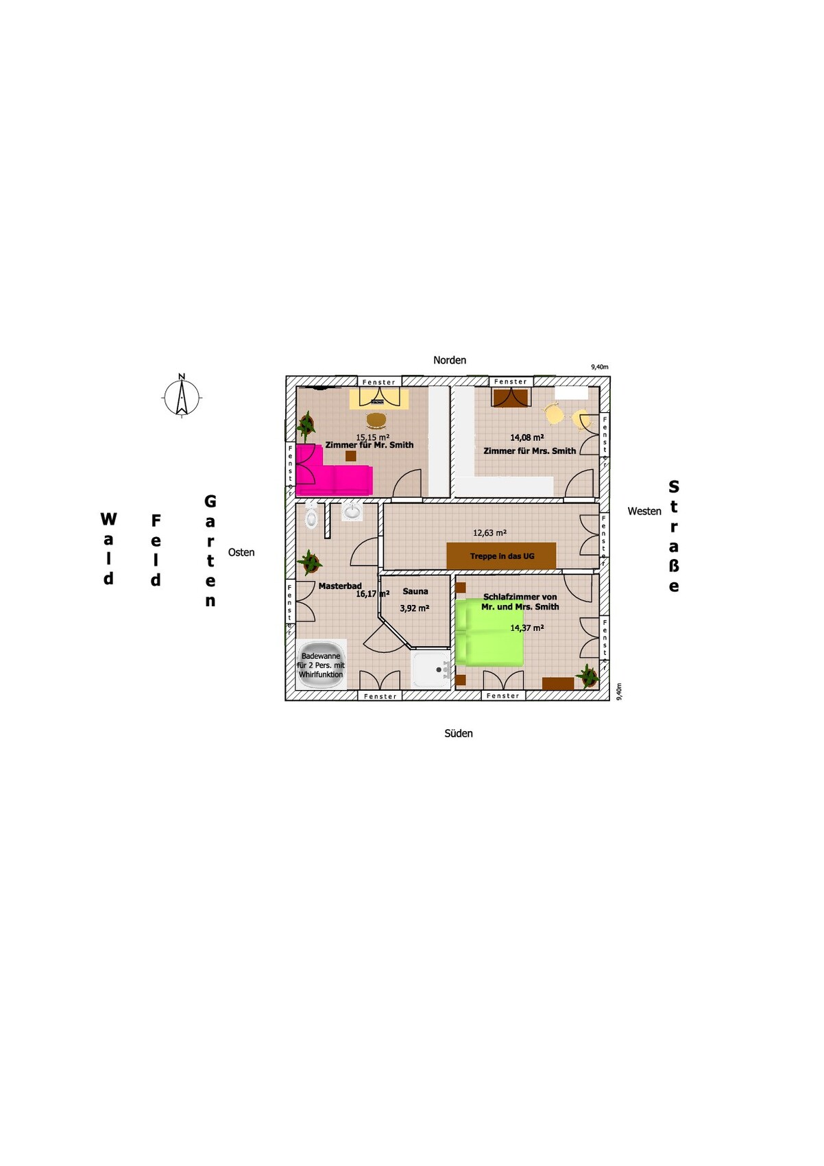 Grundriss eines Hauses mit zwei Schlafzimmern, Bad, Sauna und Treppe ins UG; Norden oben.