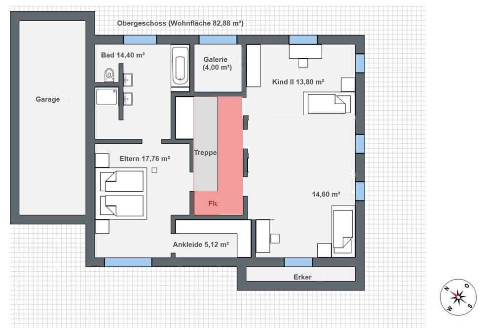 Obergeschoss-Grundriss mit Garage, Elternzimmer, Kindzimmer, Bad, Treppe, Flur, Ankleide, Galerie.