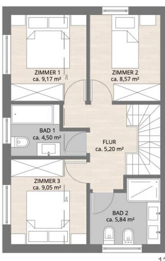 Grundriss einer oberen Etage mit drei Zimmern, zwei Bädern und Flur