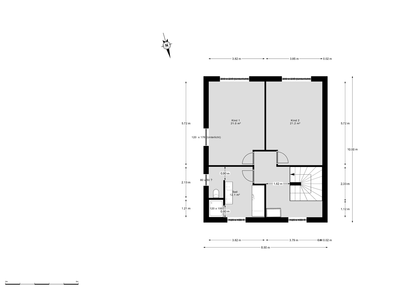 Grundriss eines Obergeschosses mit zwei Kinderzimmern, Flur, Bad und Treppe.
