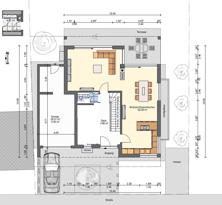 Grundriss eines Hauses: Eingangsbereich, Diele, Wohnen/Essen/Kochen, Terrasse, Garage, Parkplatz