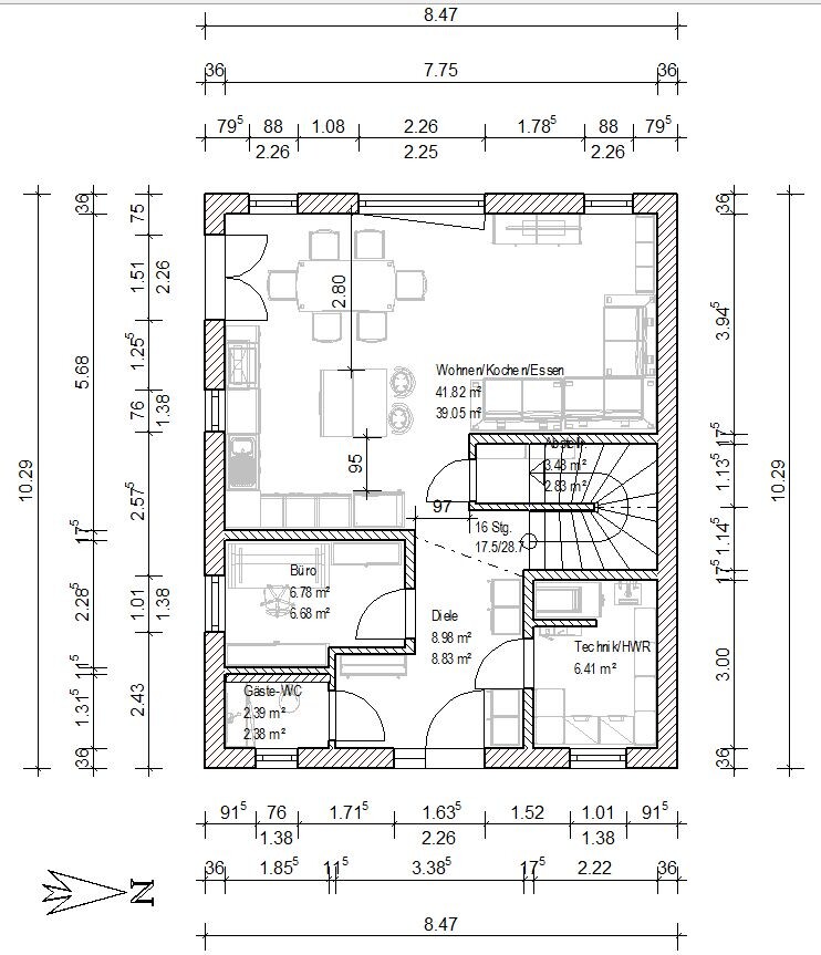 Grundriss eines Hauses: Wohnzimmer, Küche, Esstisch, Büro, Gäste-WC, Diele, Technik/HWR, Treppen.