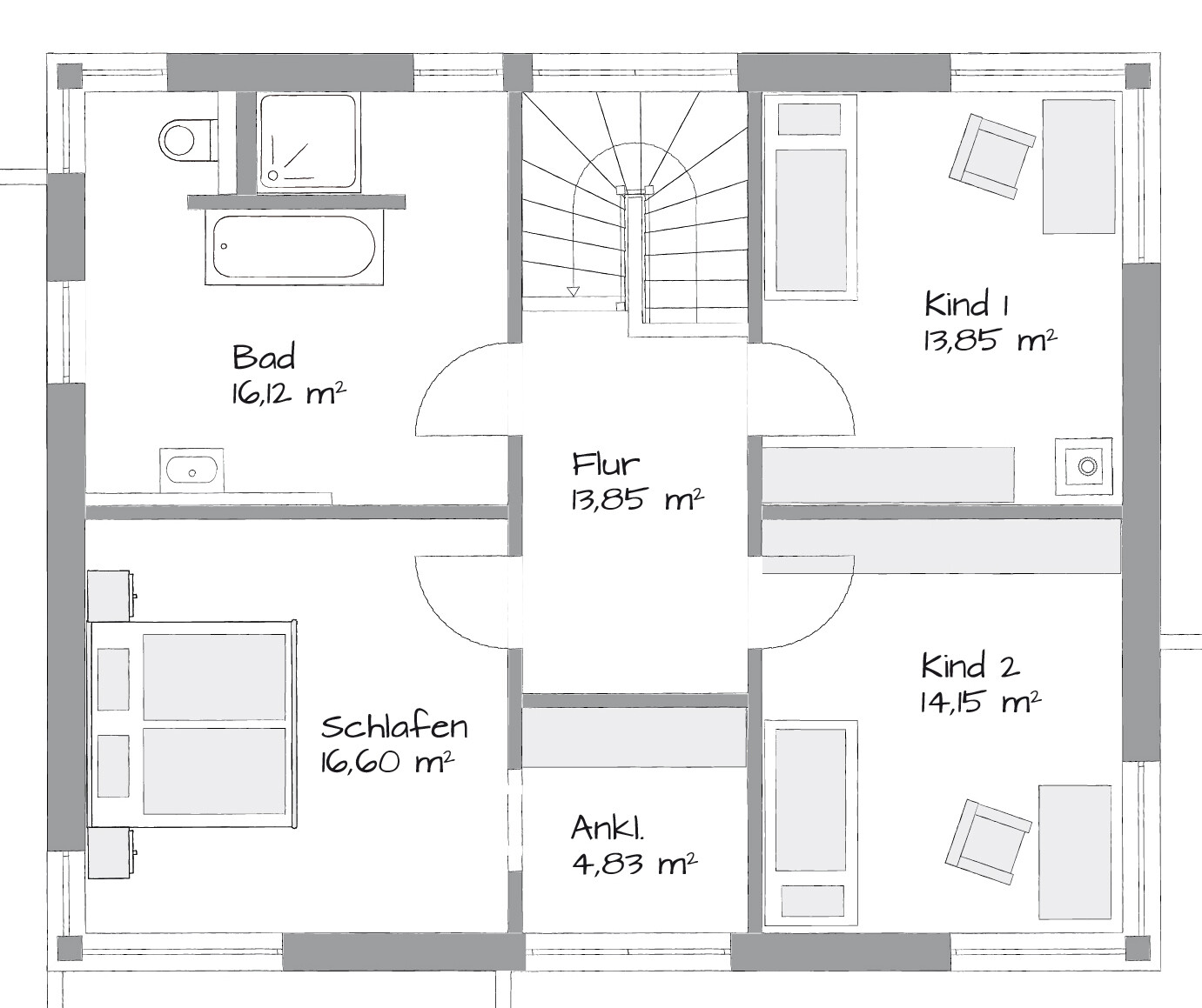 Grundriss eines Obergeschosses mit Flur, Bad, Schlafzimmer, Ankleide und zwei Kinderzimmern