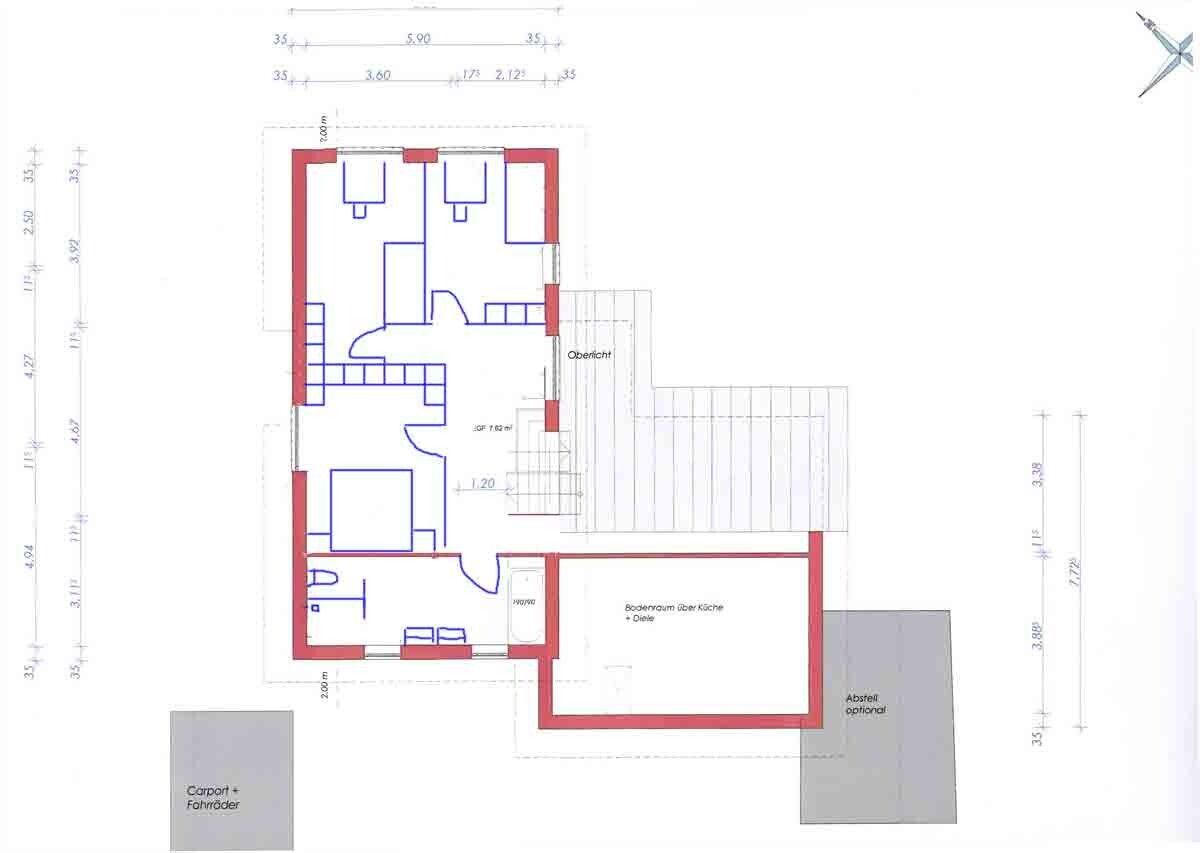 2D-Grundriss eines Hauses mit Innenräumen, Treppen, Türen und Carport