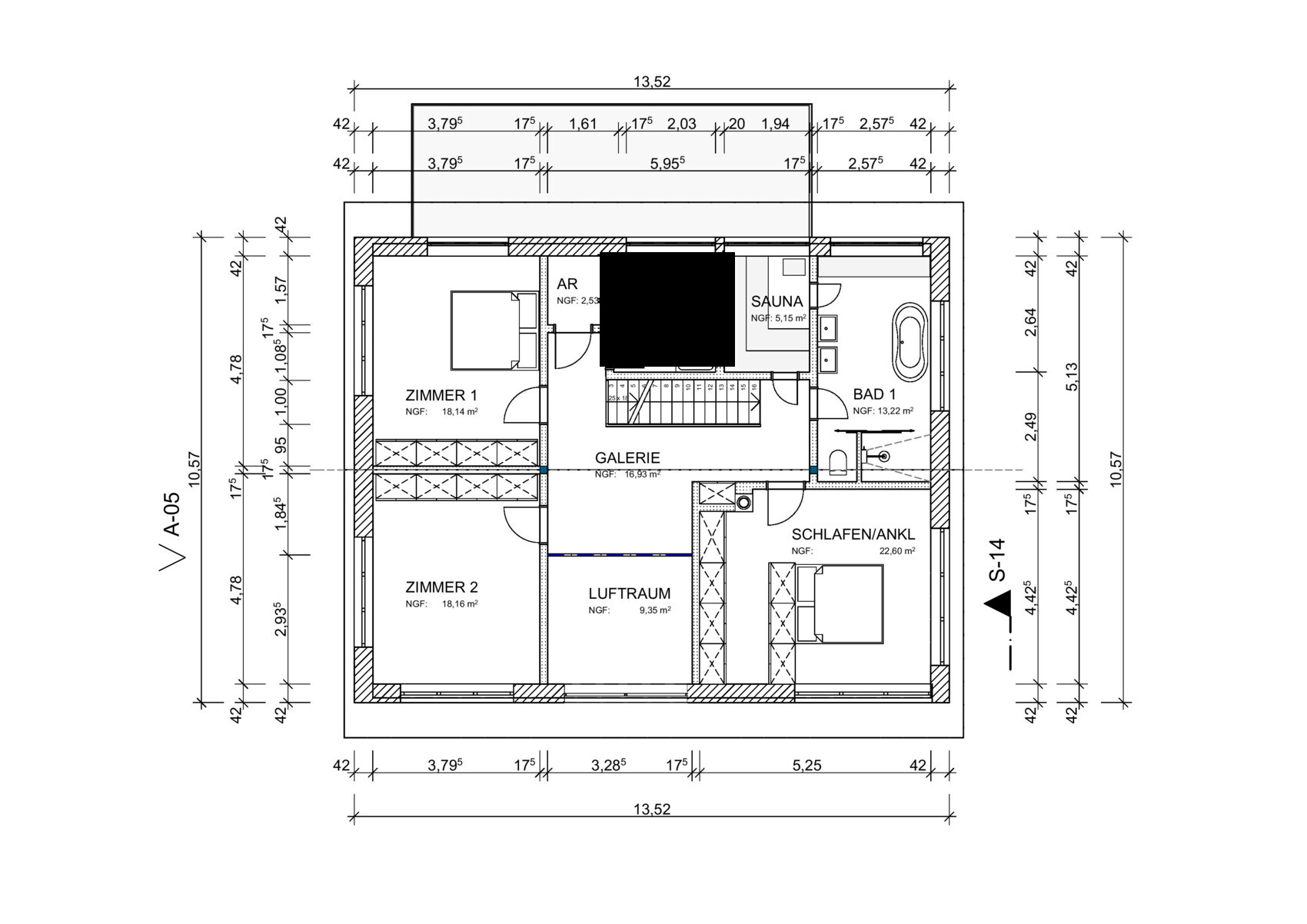 Grundriss eines Dachgeschosses: ZIMMER 1, ZIMMER 2, GALERIE, LUFTRAUM, SCHLAFEN/ANL, AR, BAD 1, SAUNA