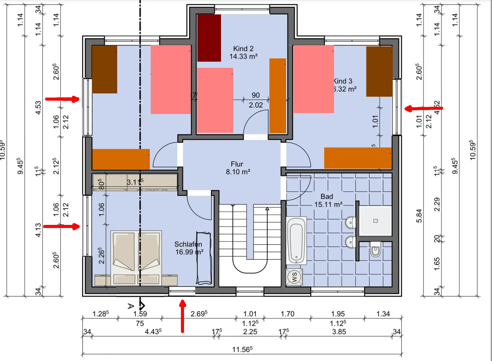 Grundriss eines Wohnhauses: Flur, Schlafzimmer, Bad, Kind 2 und Kind 3.
