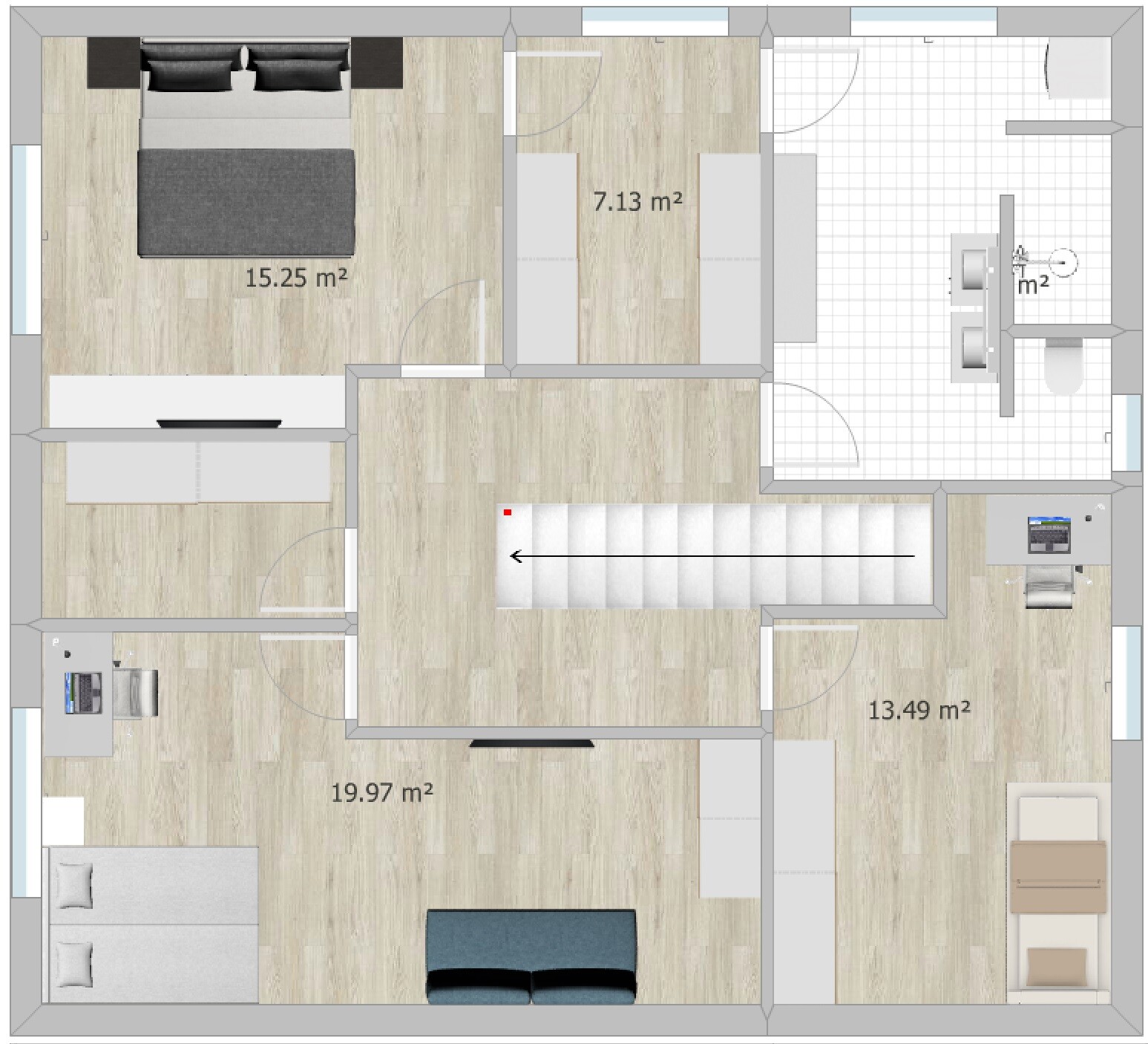 Grundriss einer Wohnung mit Schlafzimmer, Wohnzimmer, Bad; Flächenangaben in m².