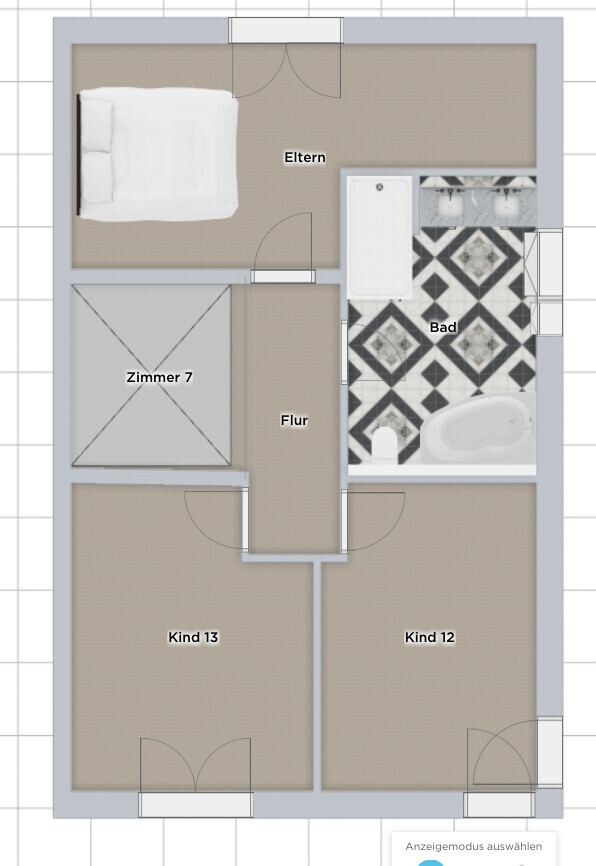 Grundriss eines Wohnplans: Elternzimmer, Bad, Flur, Zimmer 7, Kind 12 und Kind 13.