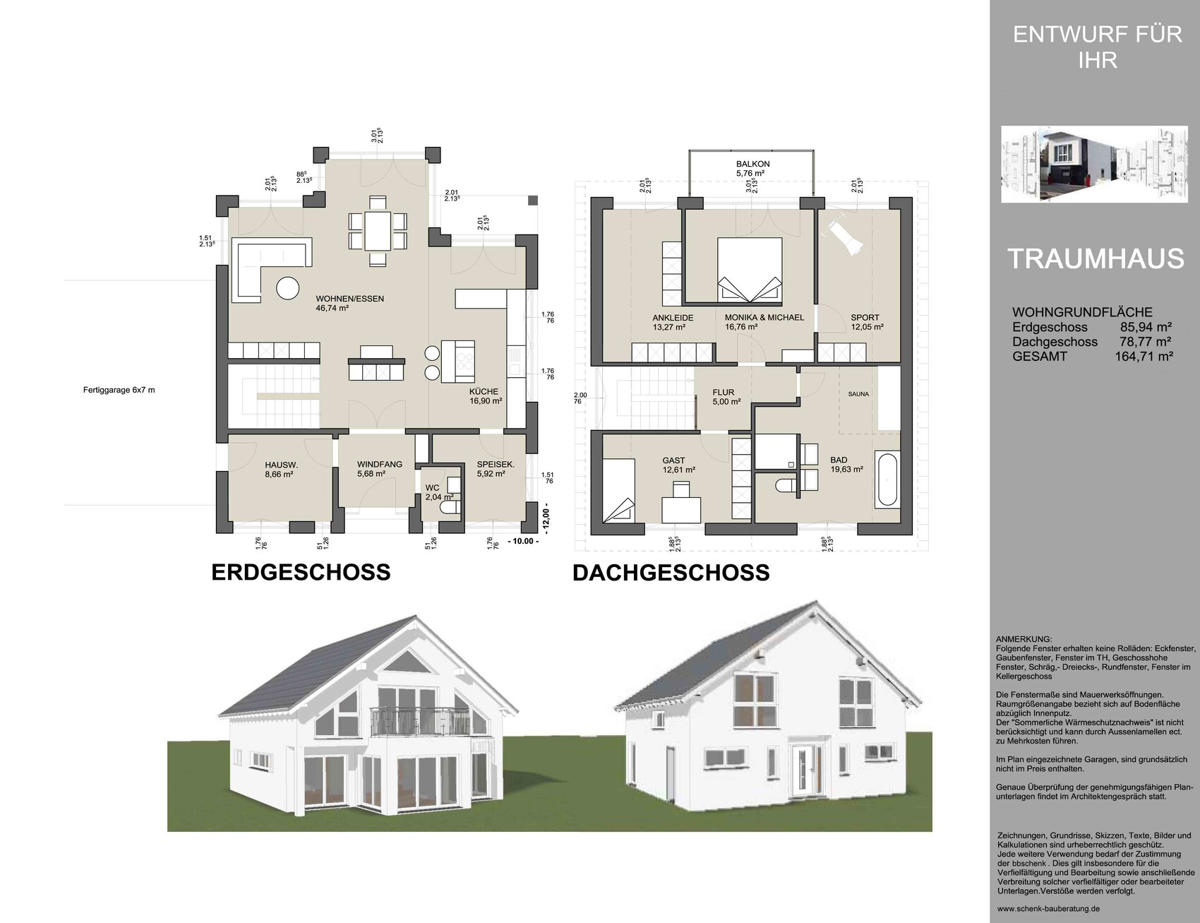 Architektur-Grundriss eines Einfamilienhauses mit Erdgeschoss und Dachgeschoss