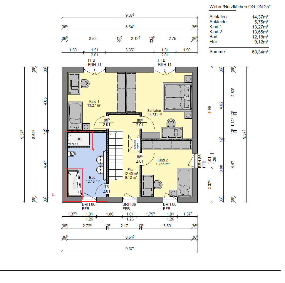 Grundriss OG: Schlafzimmer, Ankleide, zwei Kinderzimmer, Bad und Flur; ca. 68,34 m².