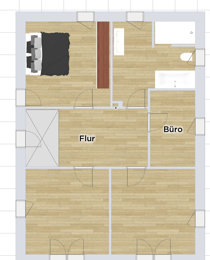 Grundriss eines Wohnungsplans: Flur in Mitte, Büro rechts, Schlafzimmer mit Bett, Bad rechts.