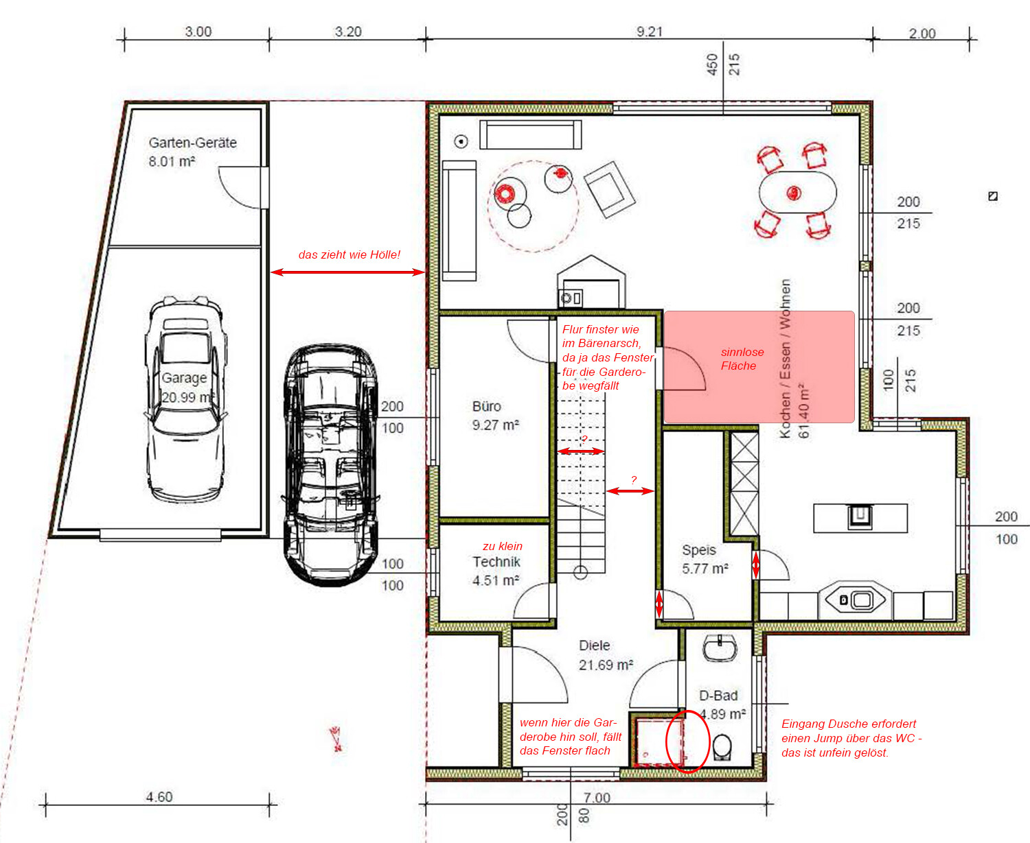 Grundrissplan eines Einfamilienhauses mit Garage, Diele, Küche und Wohnzimmer.