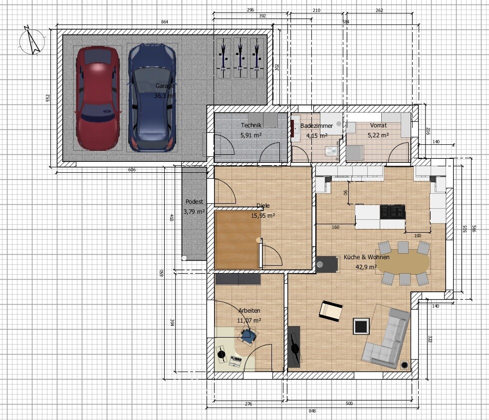 Grundriss eines Hauses: Garage mit zwei Autos, Technik, Bad, Vorrat, Diele, Küche&Wohnen, Arbeiten.