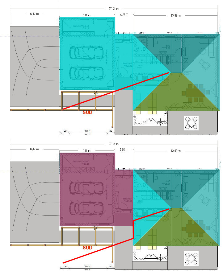 Grundriss eines Hauses mit Garage, Eingang, Dachbereich und farblich markierten Bereichen