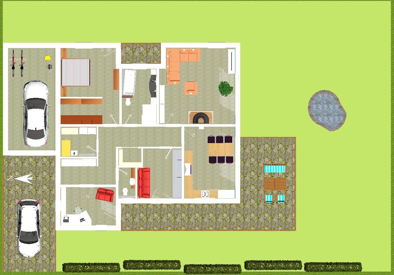 Detaillierter Grundriss eines Hauses mit Garage, Innenräumen, Garten, Terrasse und Teich.