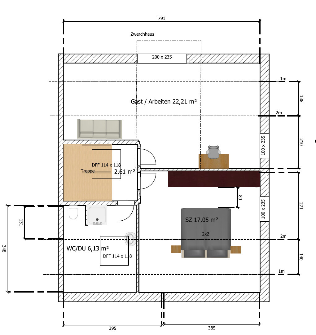 Grundriss eines Hauses: Treppe, Gäste-/Arbeitsbereich, Schlafzimmer, WC/DU, Sofa, Tisch, Schreibtisch.