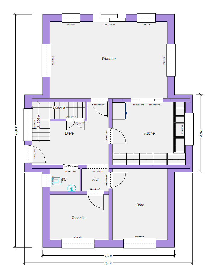Grundriss eines Hauses im Erdgeschoss mit Wohnen, Küche, Büro, Technik, WC, Diele und Flur.