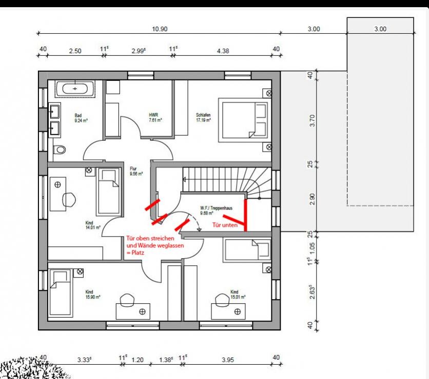 Grundriss eines Wohnhauses mit Bad, Flur, Schlaf- und Kinderzimmern sowie Treppenhaus.