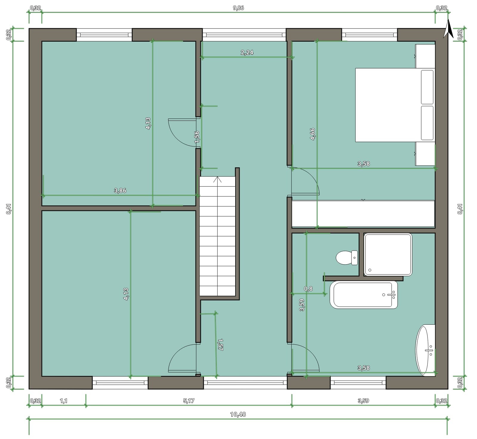 Grundriss eines Stockwerks: Treppe in Mitte, Flur, Schlafzimmer mit Bett, Bad mit Dusche und Wanne.