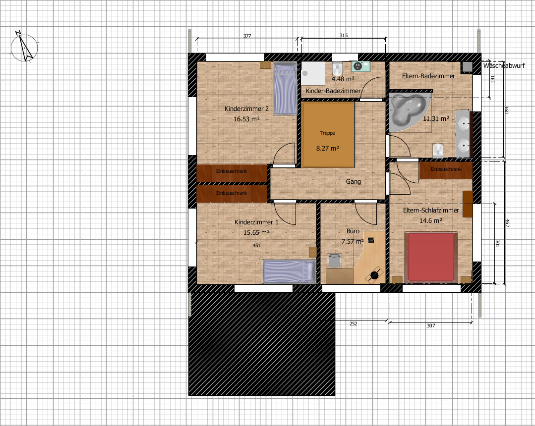 Grundriss eines Hauses mit Schlafzimmern, Bad, Küche, Flur und Treppe.