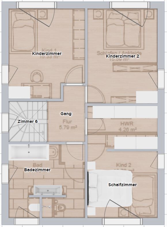 Grundriss eines Hauses: zwei Kinderzimmer, Schlafzimmer, Bad, Flur, HWR, Treppenhaus.